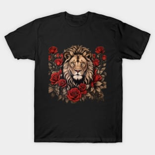 majestic lion surrounded by vibrant red roses T-Shirt